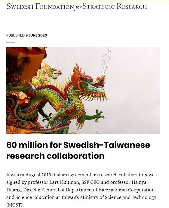Taiwan and Sweden to put NT$250 million into joint research