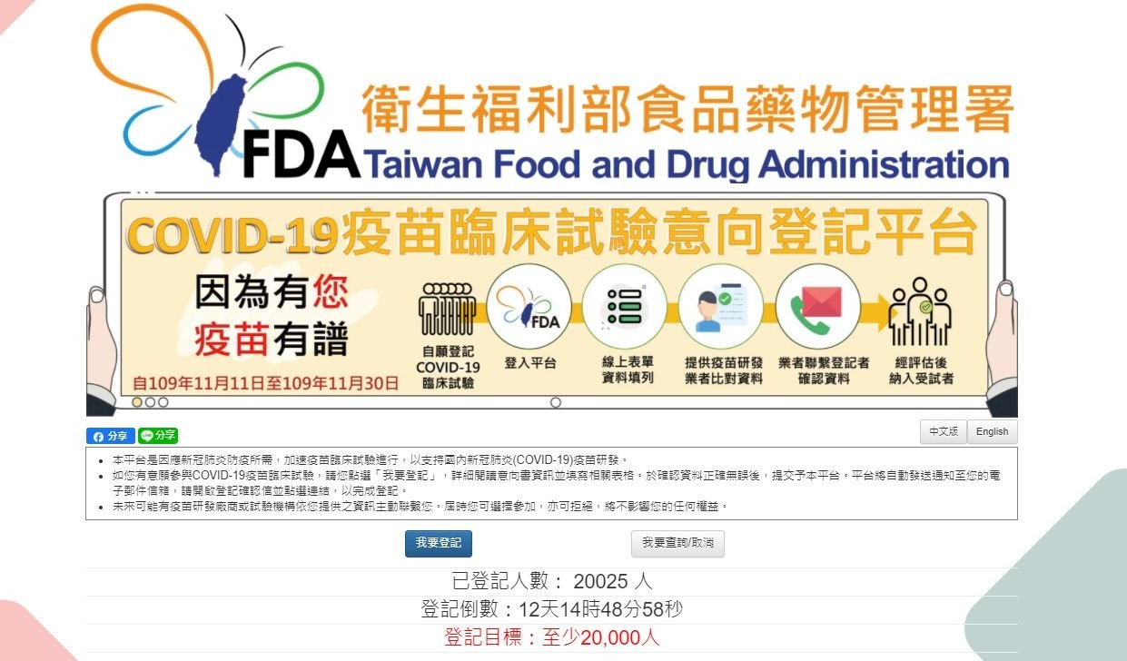 Over 20,000 sign up to volunteer in Taiwan COVID-19 vaccine trials