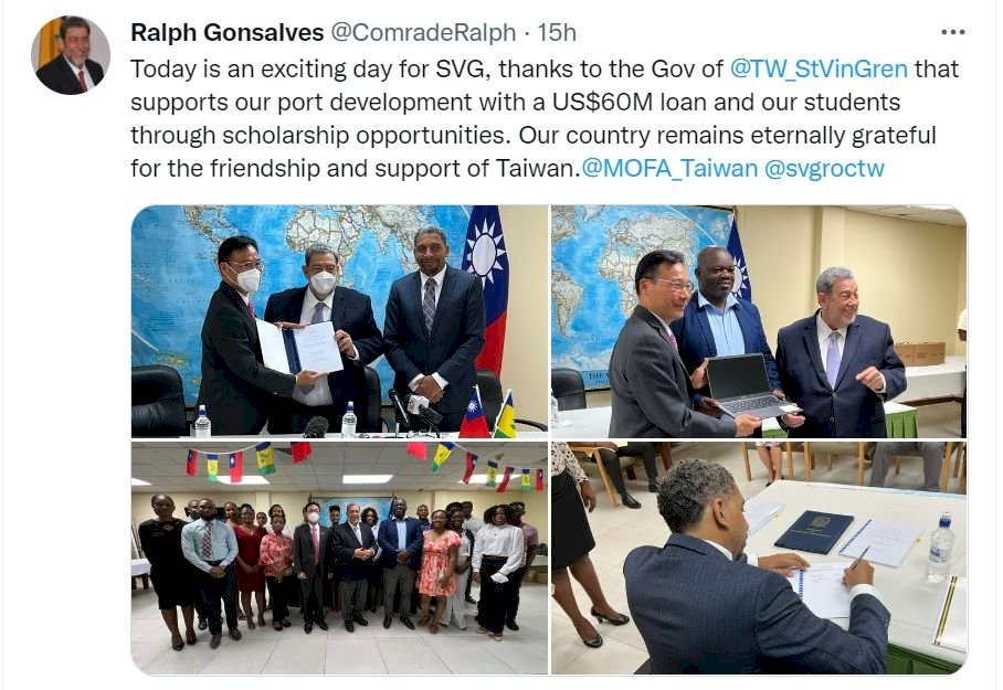 St. Vincent and the Grenadines leader thanks Taiwan for US$60 million loan