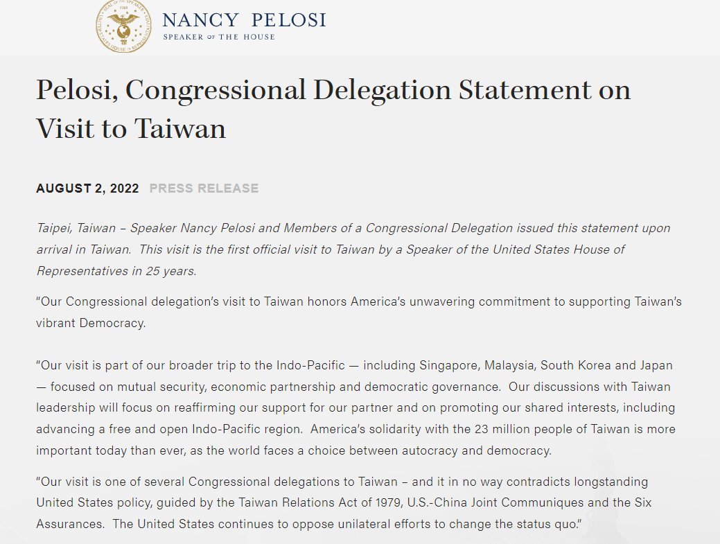 Pelosi: America's solidarity with Taiwan is more important today than ever