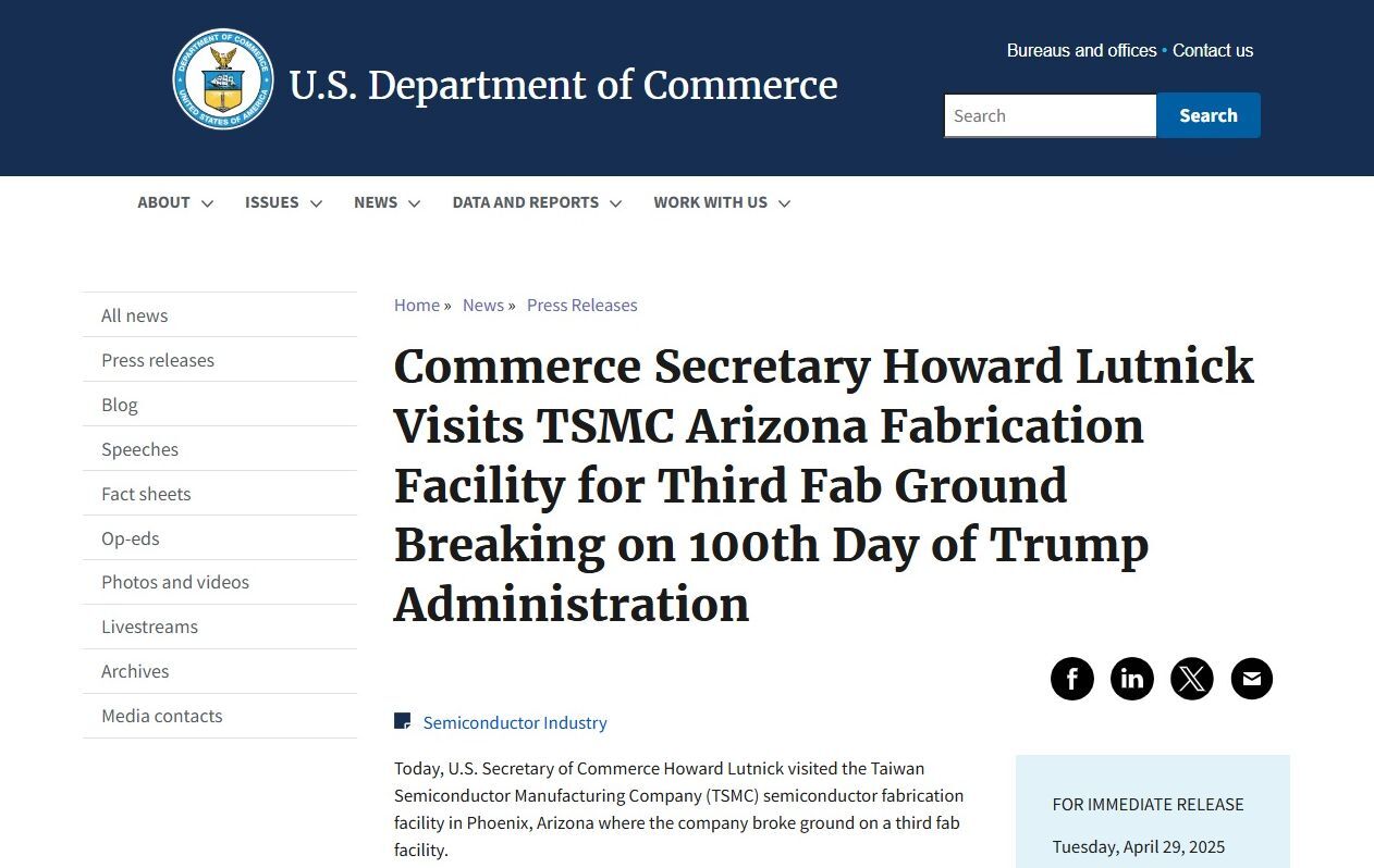 Trump’s first 100 days: US Commerce Secretary visits TSMC’s Arizona fab